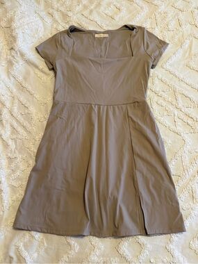 Women's Taupe Short Sleeve A-Line Athletic Dress with undershorts